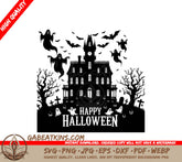 A Haunted House Is Surrounded By Ghosts And Bats And Says Happy Halloween